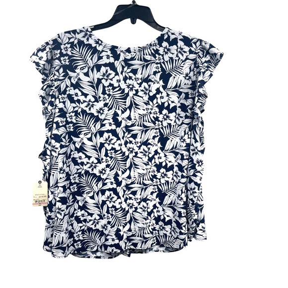 St. John's Bay Linen Ruffled Sleeveless Blouse 3X Blue White Tropical Hawaiian - Picture 9 of 10